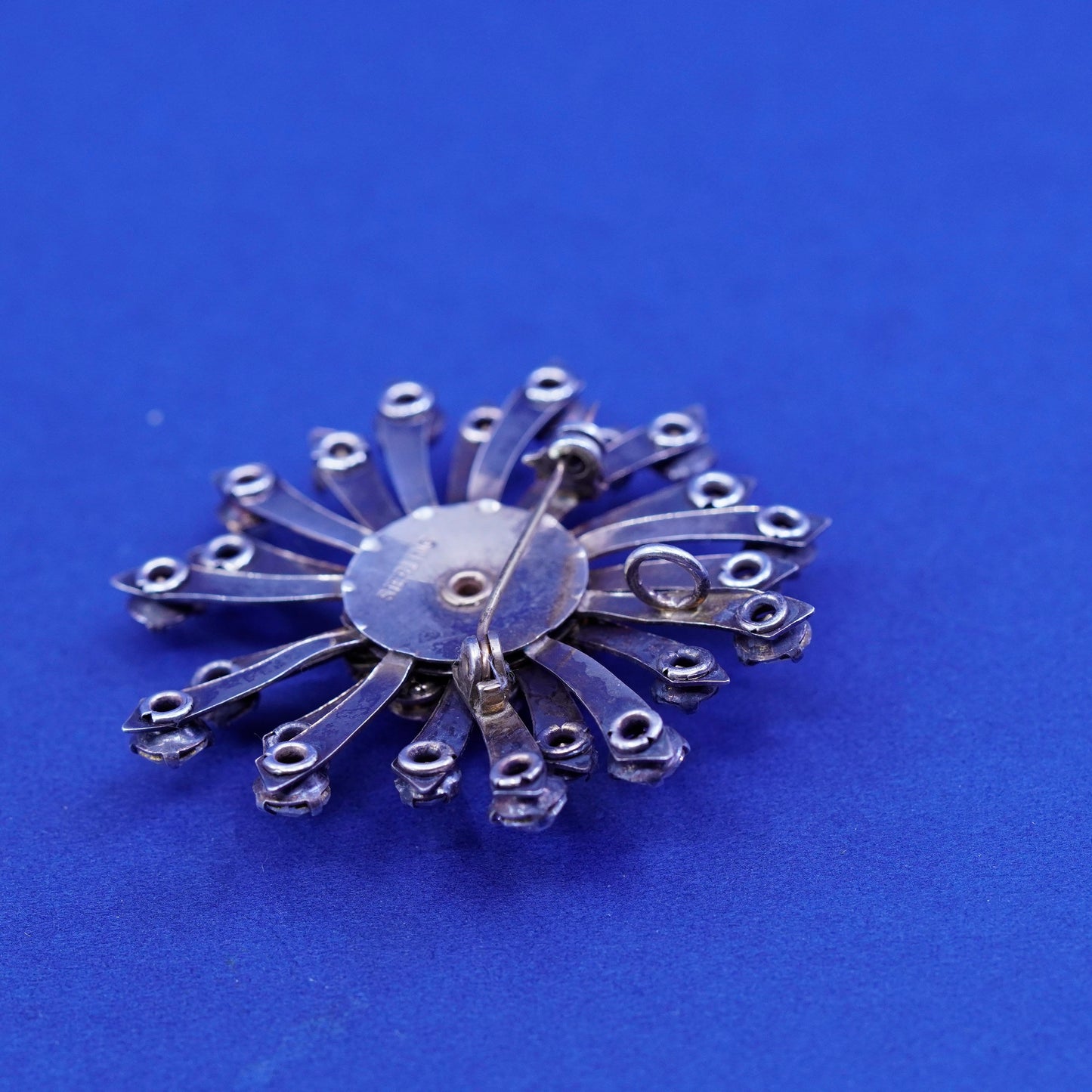 vtg Sterling silver handmade brooch, 1950s 925 flower snowflake pin rhinestone