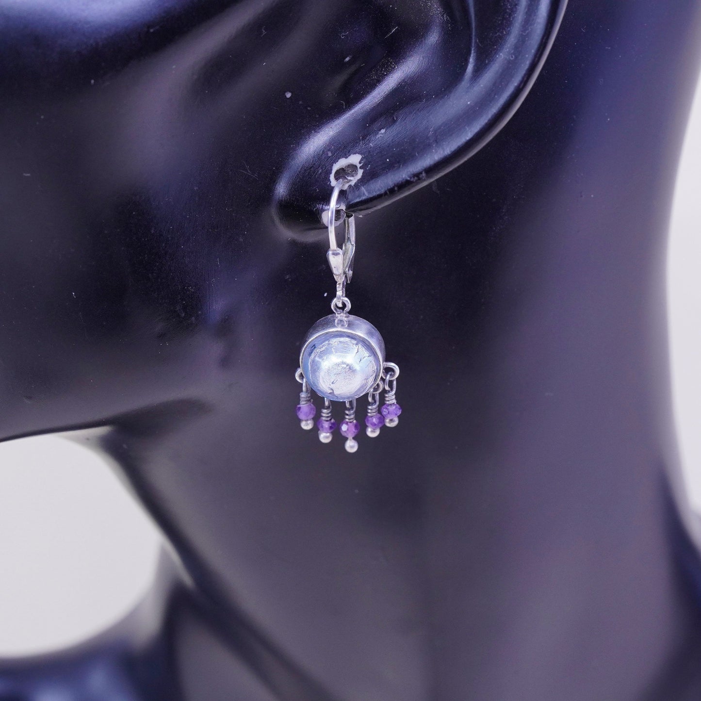 Sterling silver handmade earrings, 925 hooks with artisan glass and amethyst