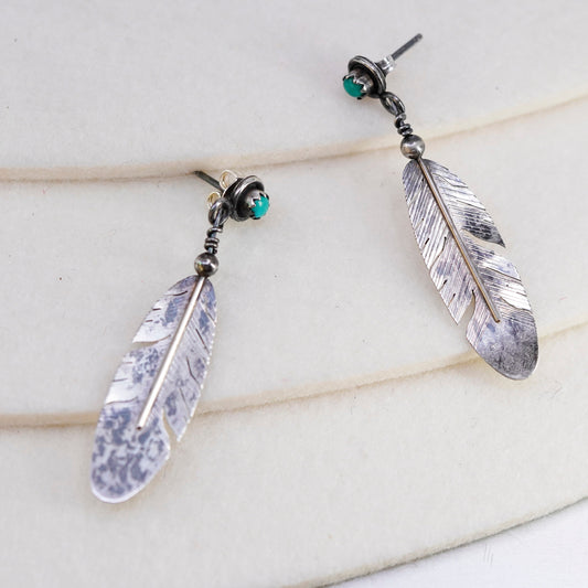 Navajo Native American Sterling 925 silver earrings turquoise feather dangles