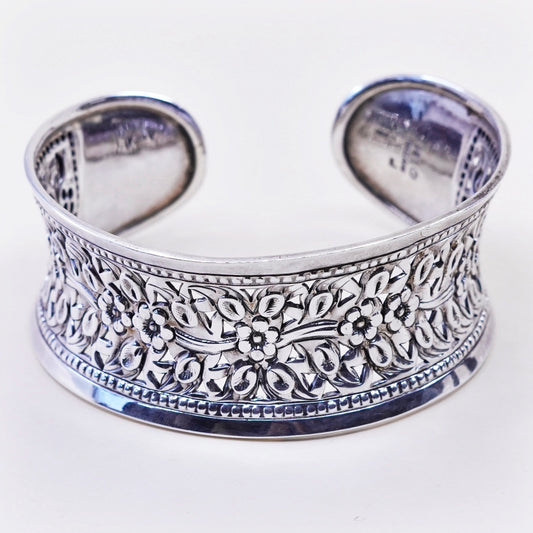 6.5”, sterling silver handmade bracelet, wide 925 cuff with filigree flower