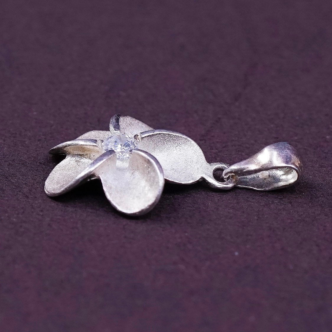 vtg Sterling silver handmade plumeria flower pendant, 925 charm w/ Cz