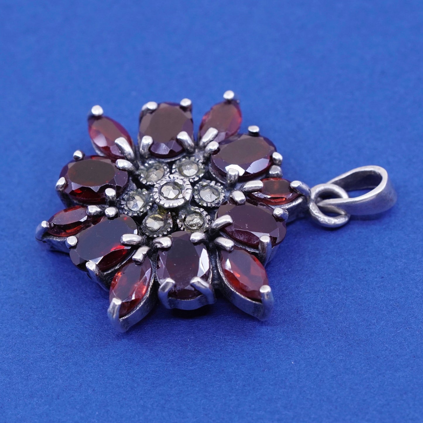 vtg Sterling silver handmade pendant, 925 flower with ruby and Marcasite