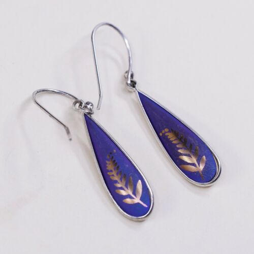 Vtg two tone Sterling Silver Teardrop Earrings, Southwestern 925 dangles W/ Ruby