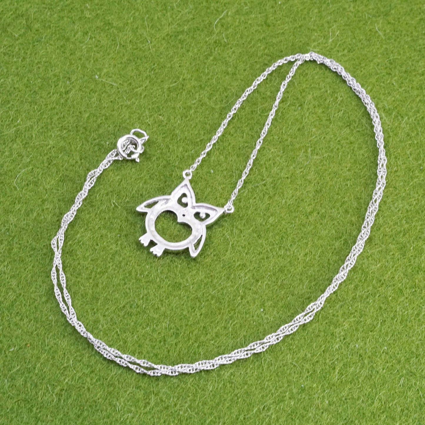 18”, sterling silver handmade necklace, 925 Singapore chain with owl pendant