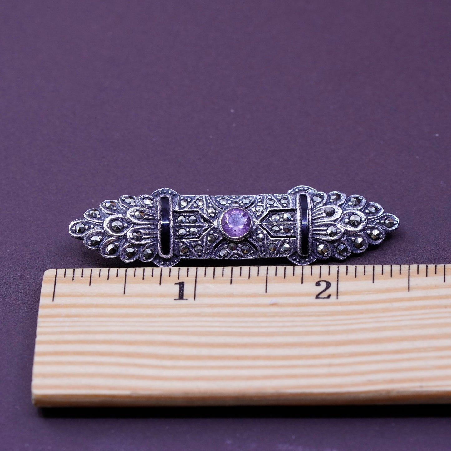 Vintage handmade sterling 925 silver long brooch with marcasite and amethyst