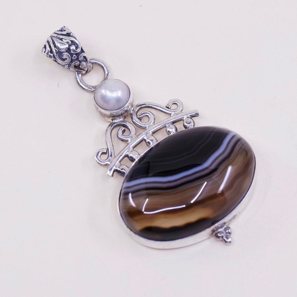 vtg sterling silver handmade pendant, solid 925 with agate and pearl