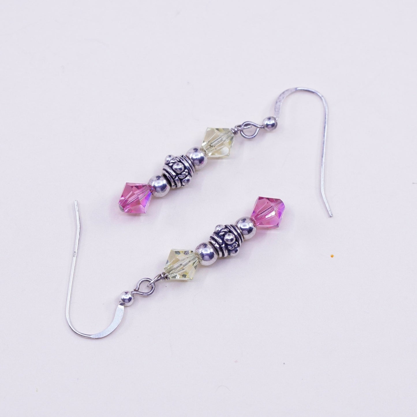 Vintage Sterling silver handmade earrings, 925 hooks with pink crystal