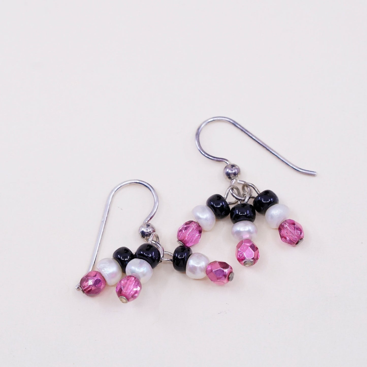 Vintage Sterling 925 silver handmade earrings with pearl and pink Cz