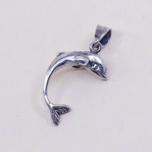 Vintage Sterling Silver Dolphin Pendant, Solid 925 Silver Charm, Stamped 925