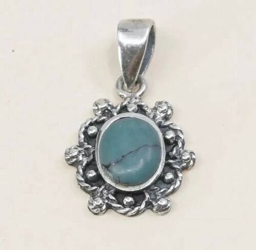 Vtg Sterling Silver Handmade Pendant W/ Oval Shaped Turquoise & Beads Details