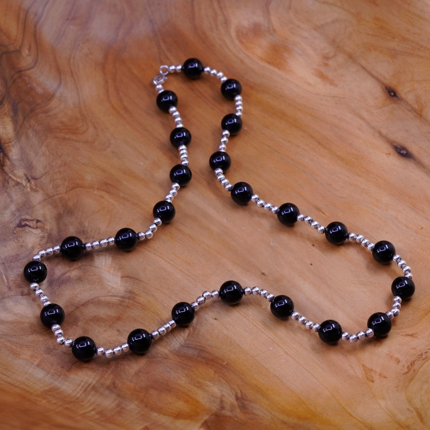 24” vintage sterling 925 silver handmade necklace with obsidian beads