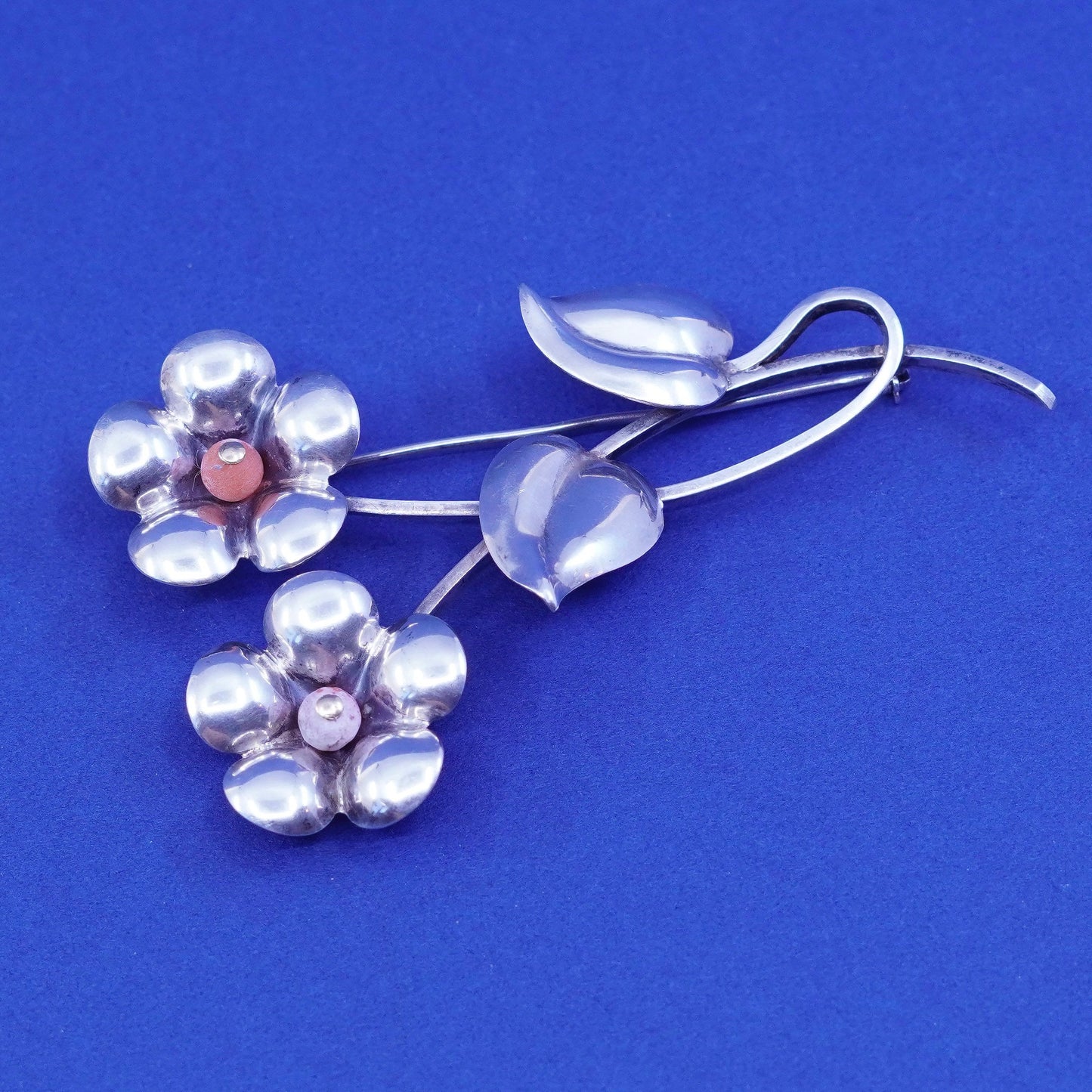 Vintage Sterling silver handmade brooch, 1950s 925 plumeria flower pin