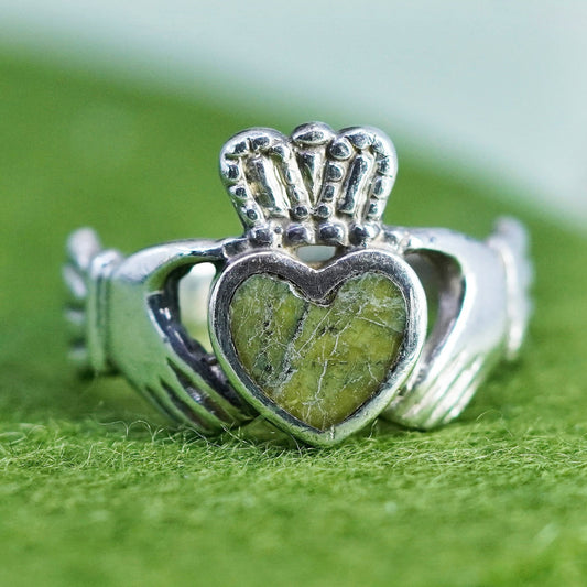 Size 9, VTG sterling 925 silver claddagh ring, holding connemara marble heart