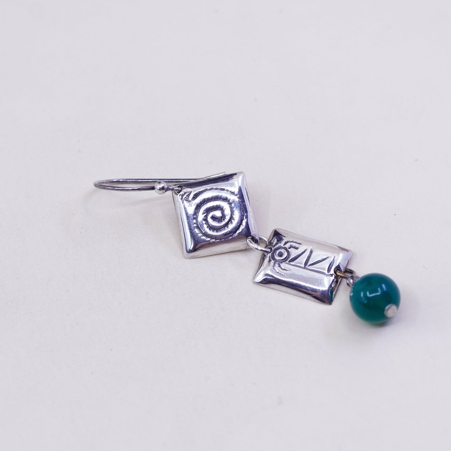 Vintage Sterling silver handmade earrings, 925 whirl disc dangles N jade beads