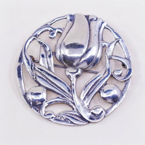 VTG Sterling Silver Handmade Flower Floral Tulip W/ Leaves Brooch Pin