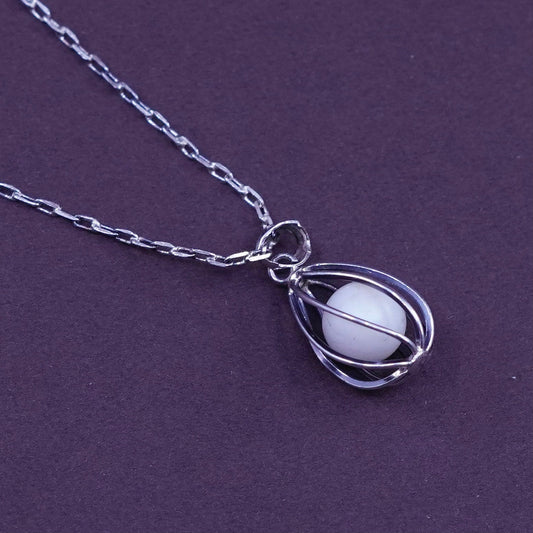 16”, Sterling silver handmade necklace, 925 elongated chain pearl cage pendant