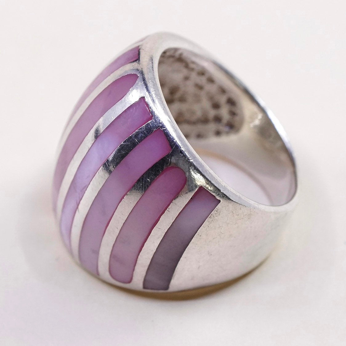 sz 7.5, sterling 925 silver handmade ring band w/ pink mother of pearl stripes