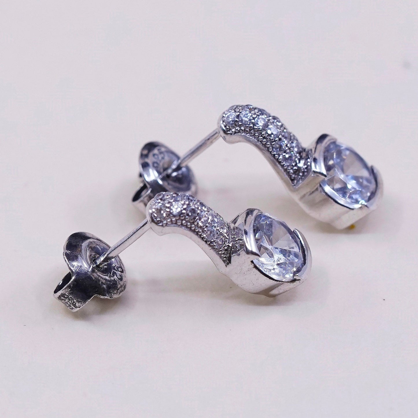 vtg sterling silver cz studs, fashion minimalist earrings, stamped 925, signed