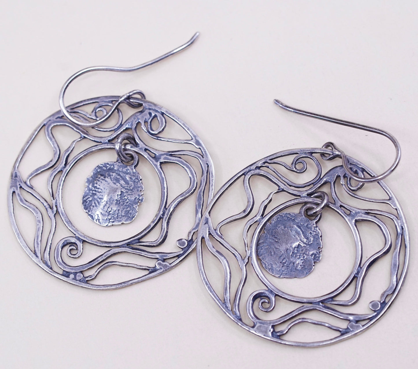 Vintage Sterling silver handmade earrings, 925 filigree circle dangles