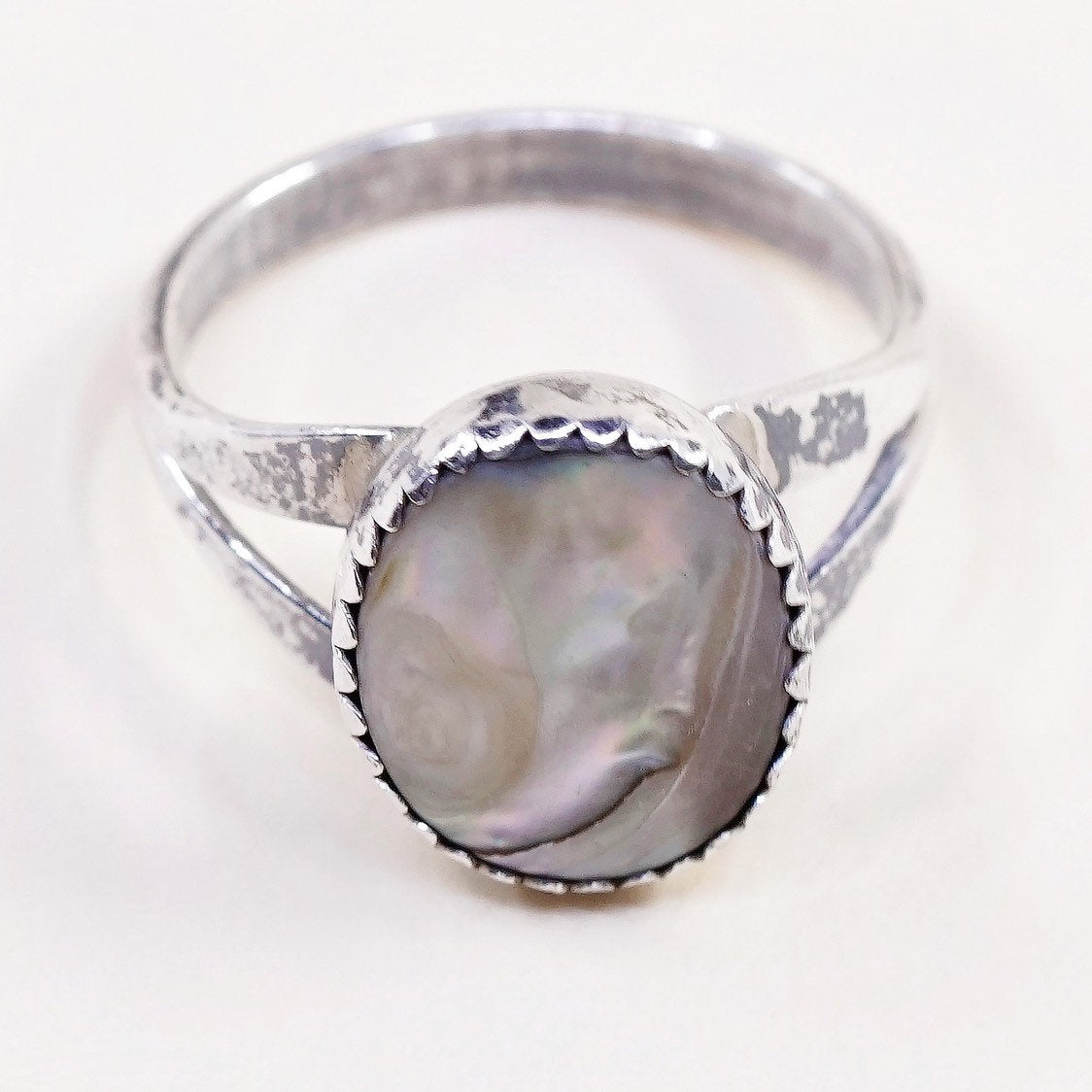 sz 6, vtg sterling silver handmade ring, 925 w/ oval abalone, silver tested