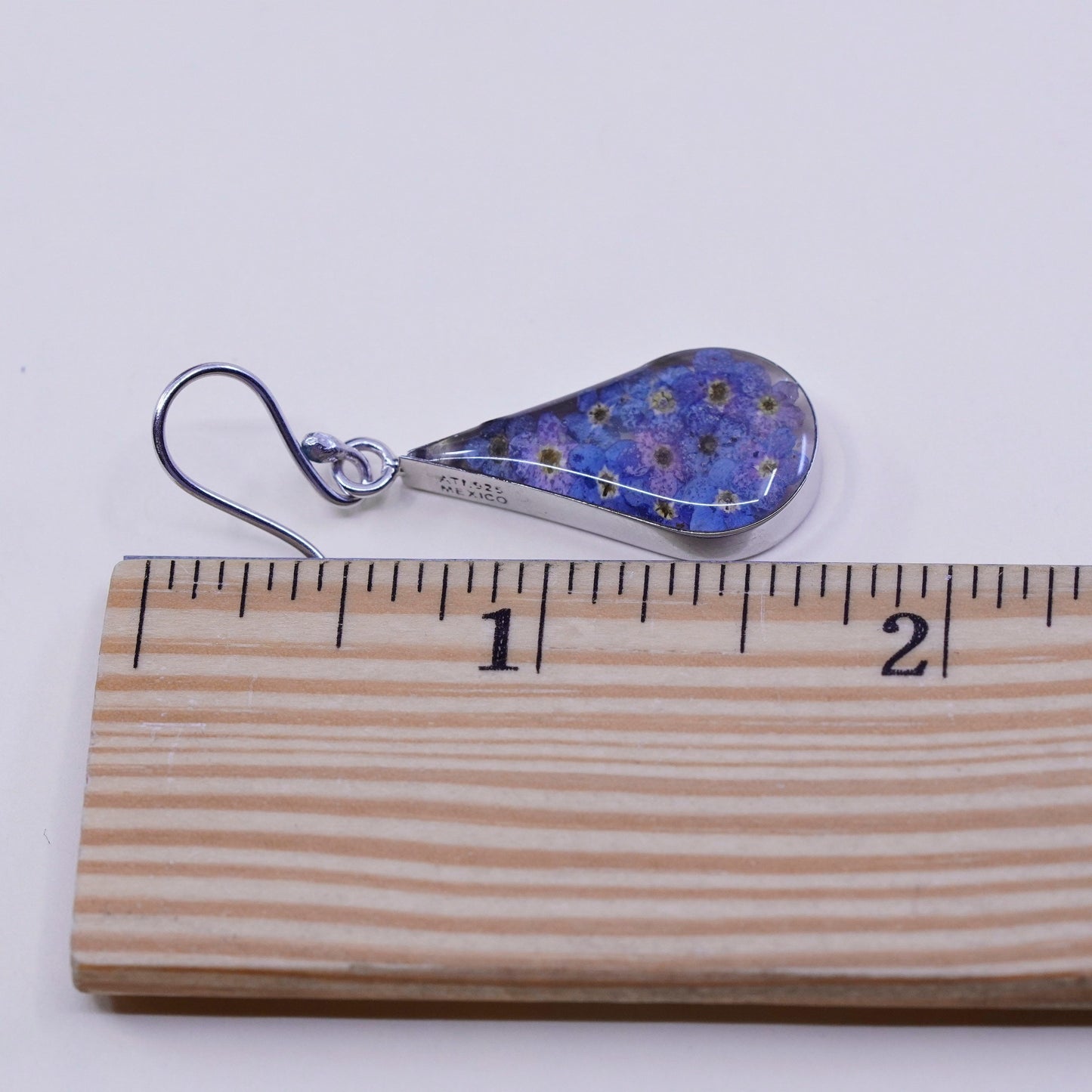 vtg Mexico sterling silver handmade earrings, 925 teardrop purple flower resin
