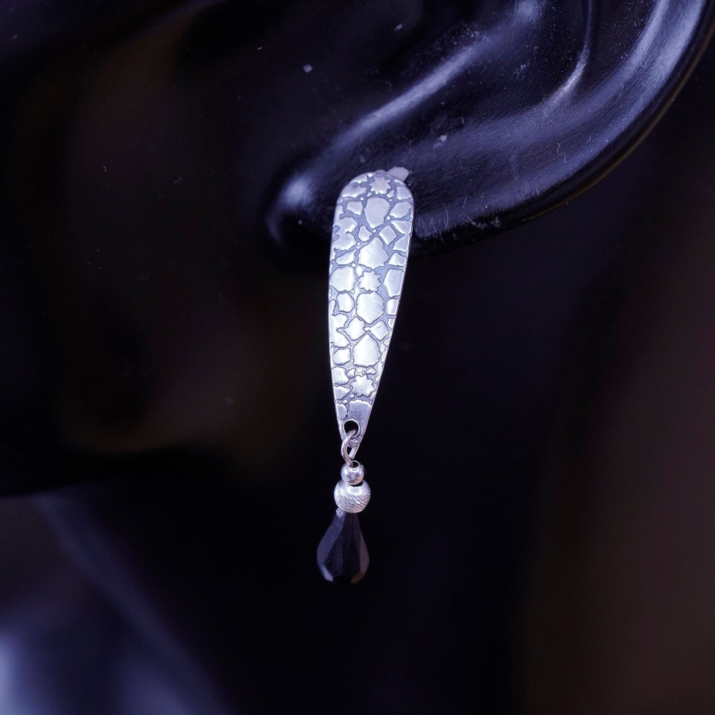 sterling 925 silver handmade textured earrings, with teardrop obsidian beads