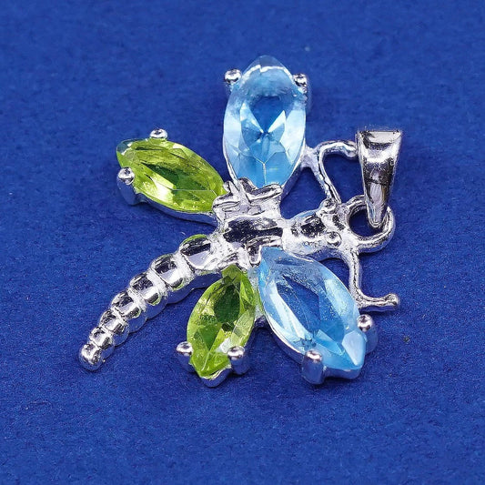 vtg Sterling silver handmade butterfly pendant, 925 w/ blue N green cz