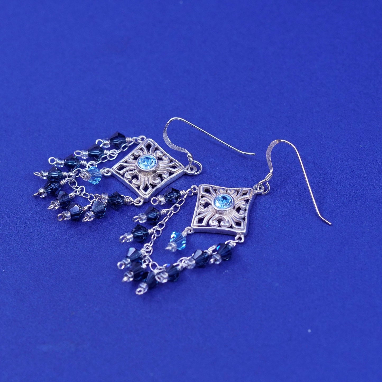 Sterling silver handmade earrings, 925 filigree diamond disk cluster crystal