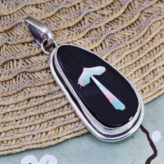 Southwestern Sterling 925 silver handmade pendant with black agate and abalone