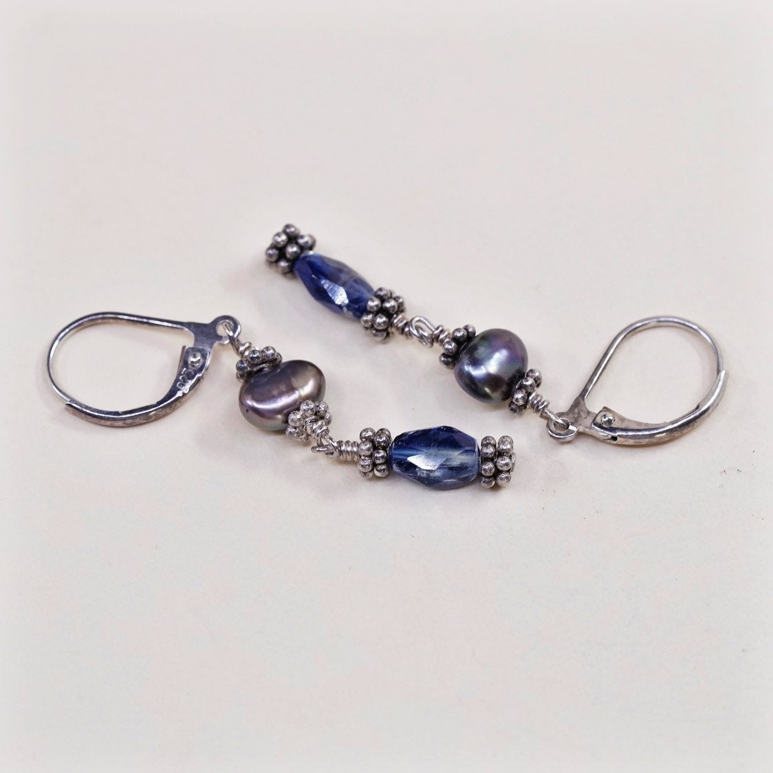 vtg Sterling silver handmade earrings, 925 silver with black pearl drops