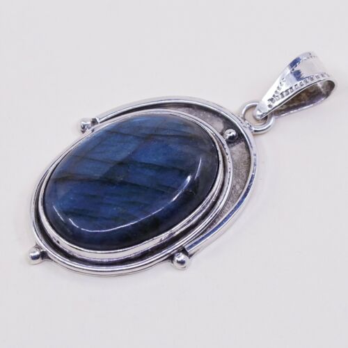 Vtg Sterling Silver Handmade Teardrop Pendant With Labradorite, Stamped 925