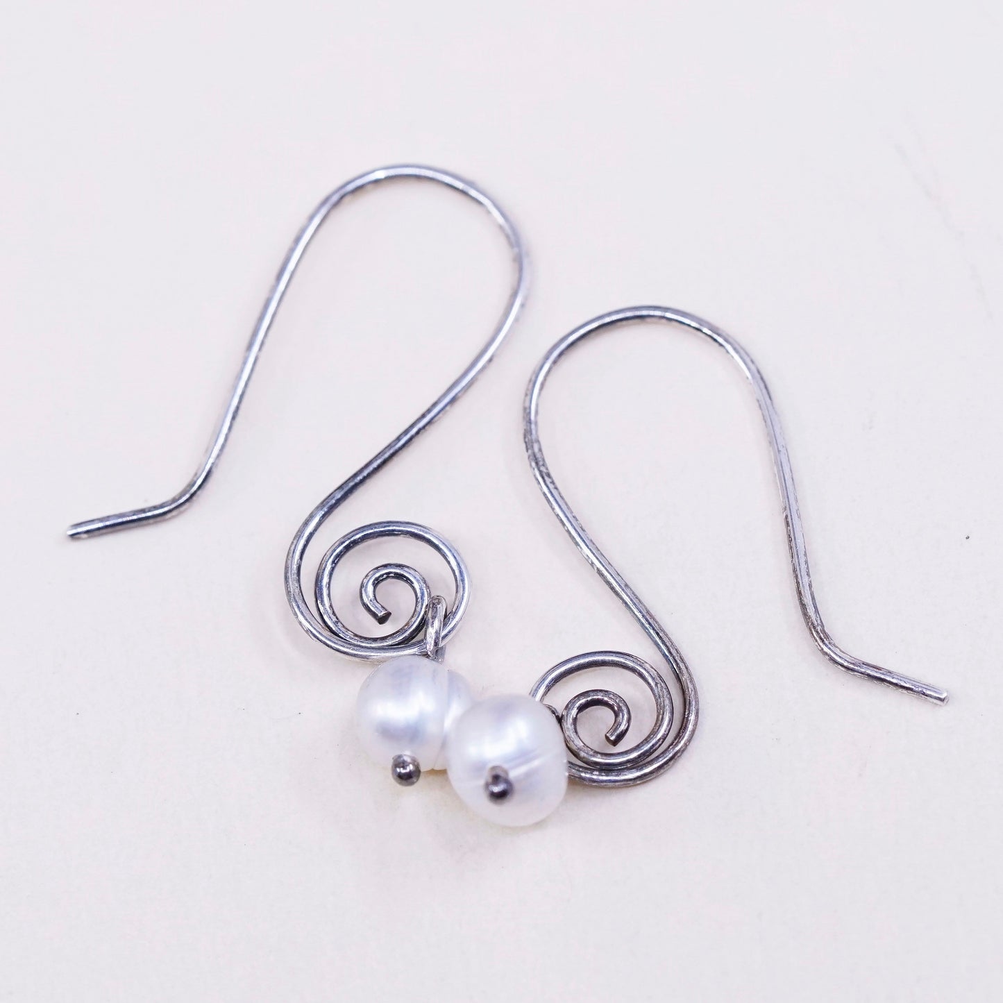 Vintage sterling silver handmade earrings, 925 swirl with pearl drop