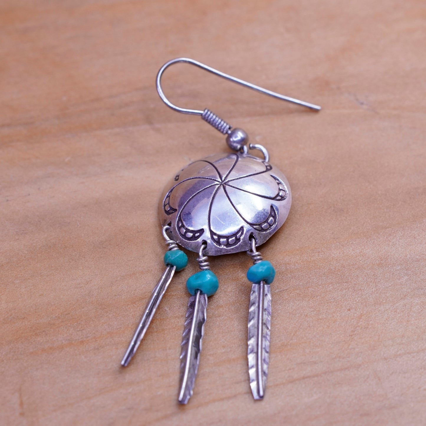 Vintage Sterling 925 silver handmade disc earrings with turquoise and feather
