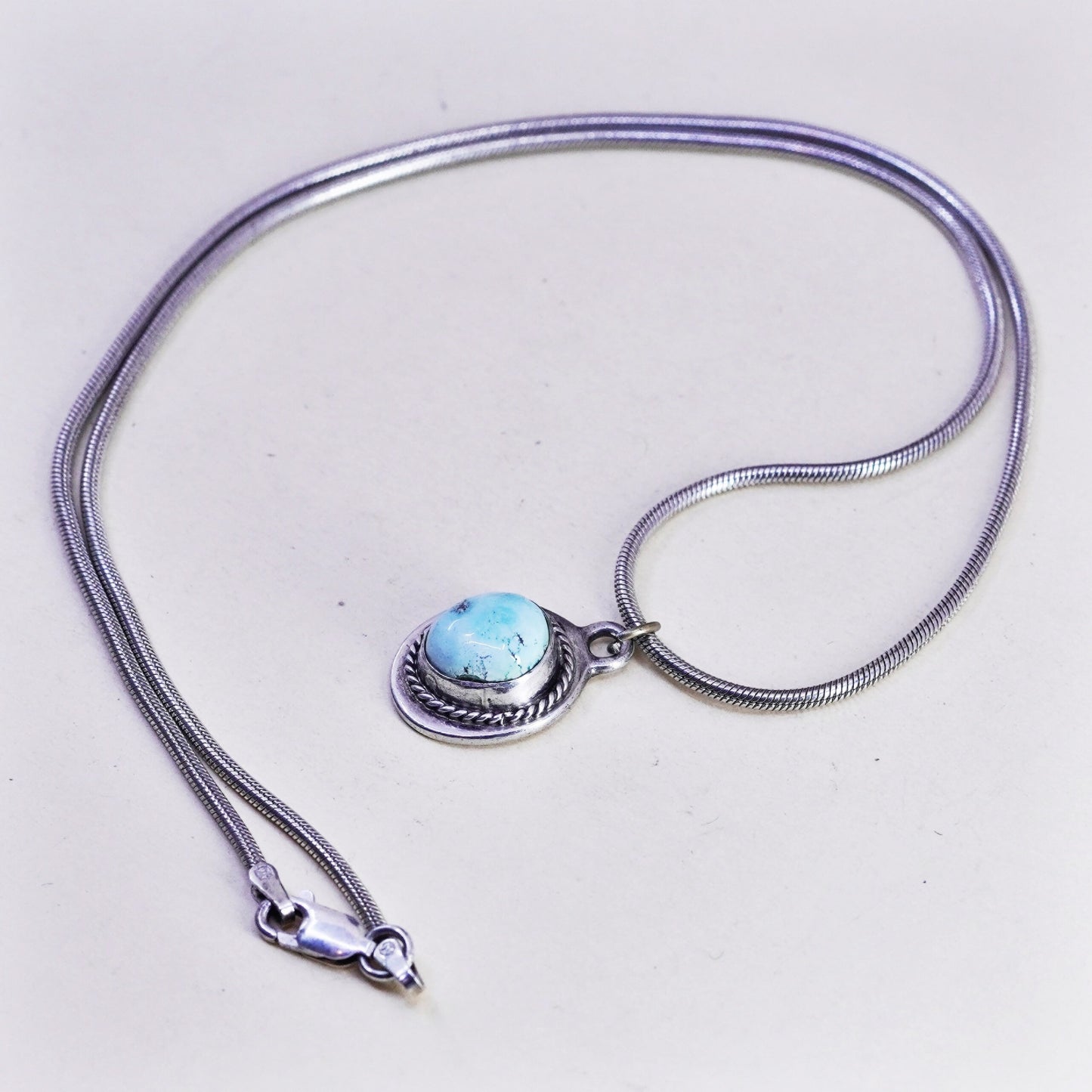 18”, Vintage sterling 925 silver snake chain necklace with larimar pendant