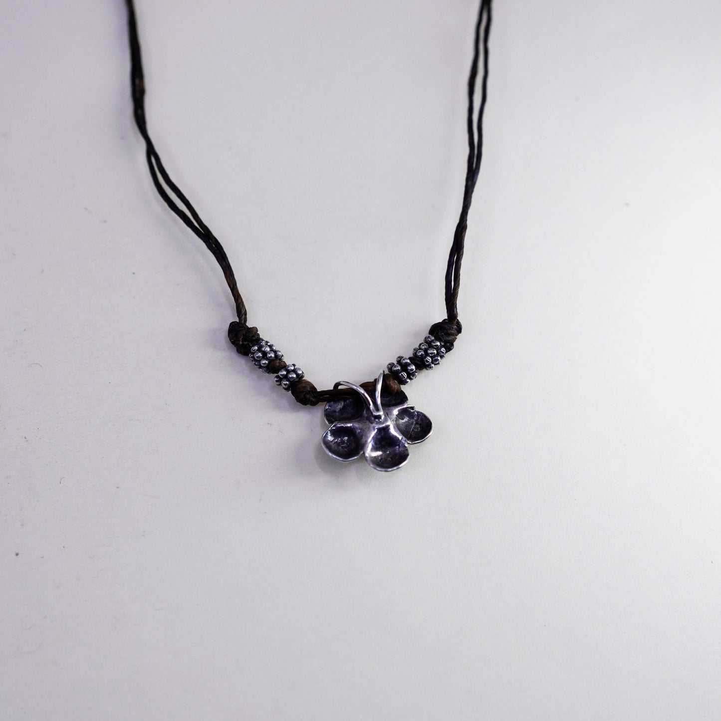 16”, Vintage leather necklace and Sterling 925 silver flower pendant