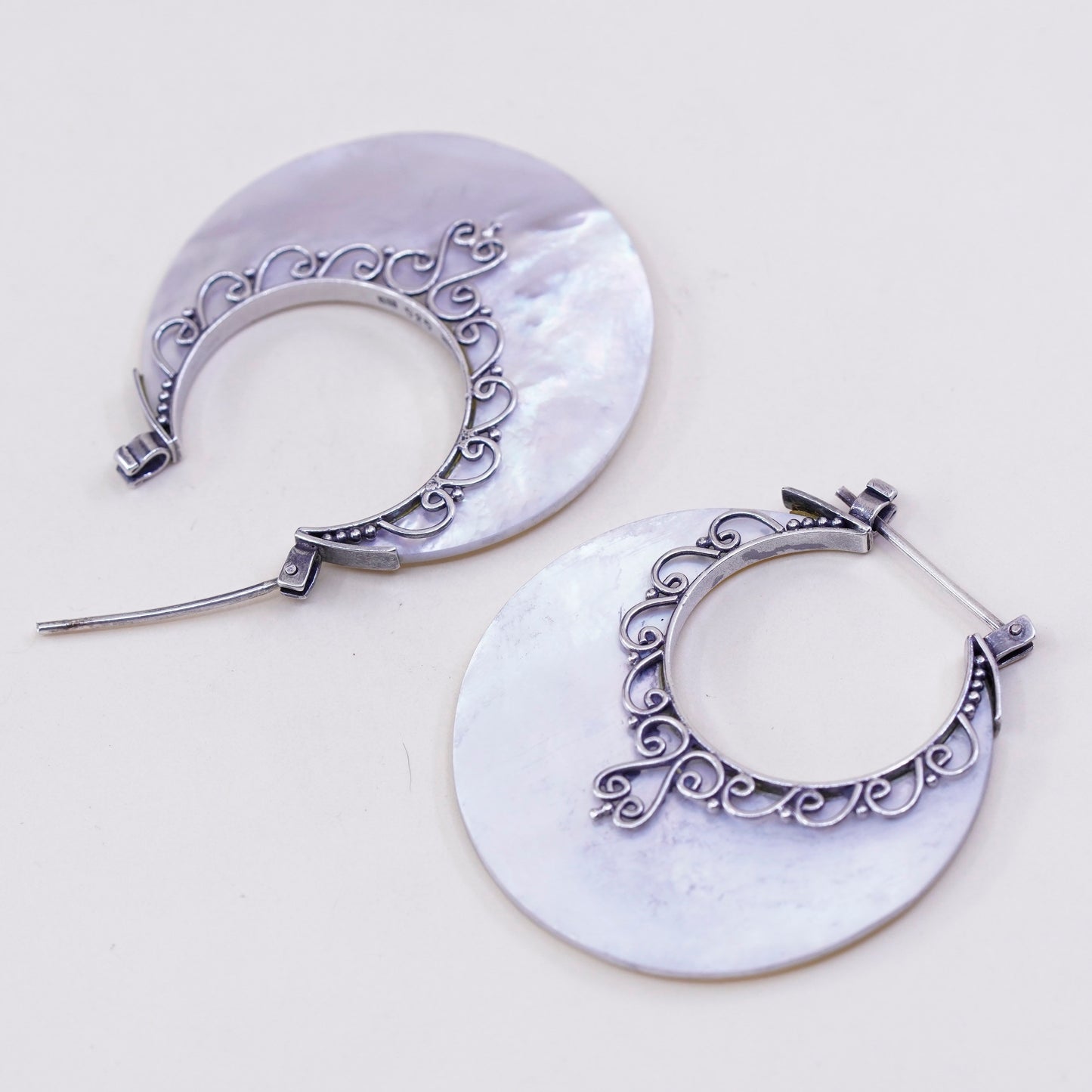 Indonesia sterling 925 silver handmade earrings, huge mother of pearl circle