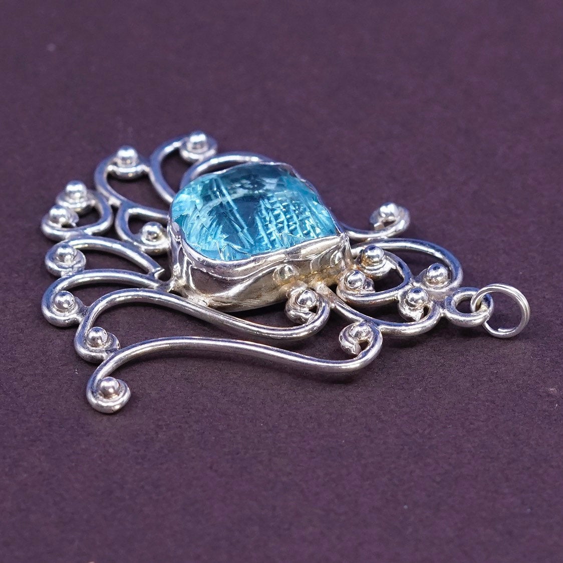 VTG Sterling silver handmade pendant, 925 swirl filigree w/ cushion blue topaz