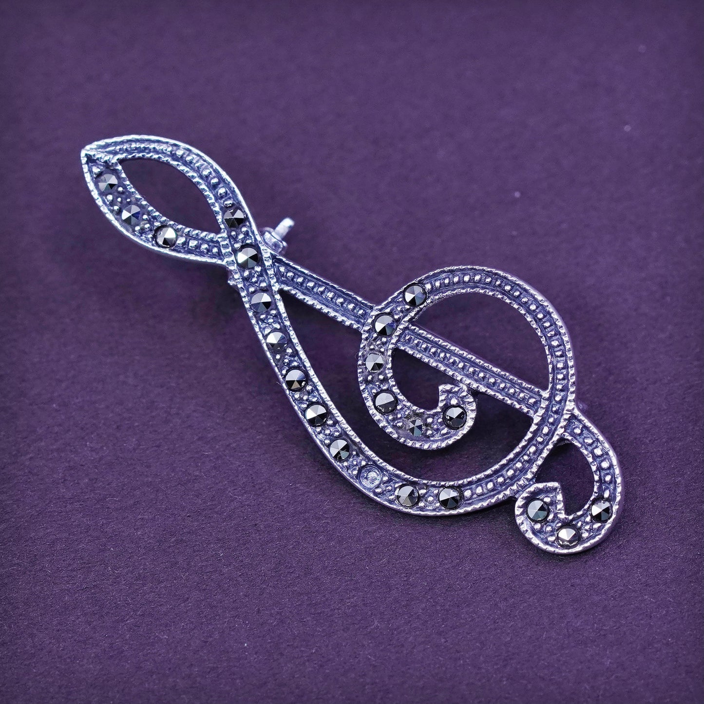 Vintage handmade sterling 925 silver music note symbol brooch with Marcasite