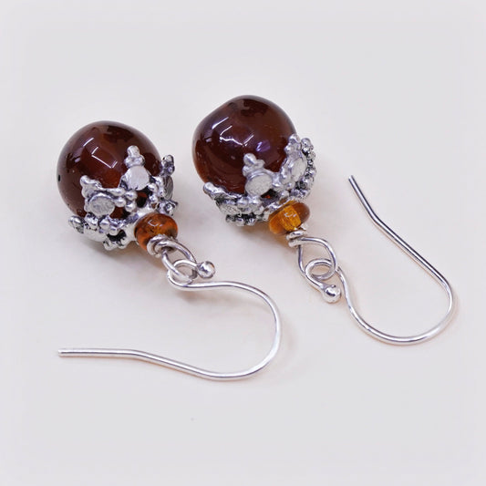 Vintage Sterling silver handmade earrings, 925 hook with garnet beads