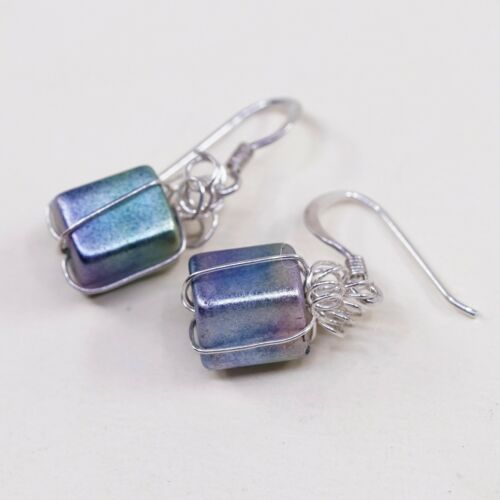 Vtg Sterling Silver Handmade Earrings W/ Blue Glass, 925 Gift Box W/ Glass