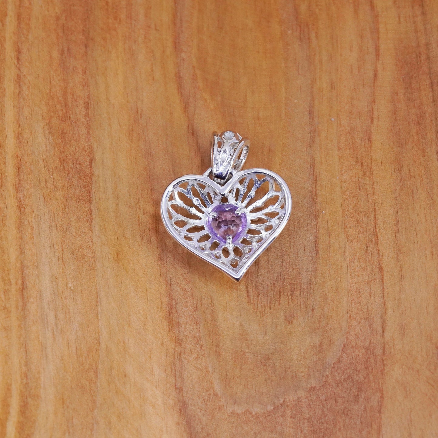 Vintage Sterling silver handmade pendant, 925 filigree heart with amethyst