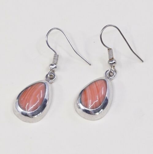 Vtg Sterling Silver handmade Earrings, 925 Silver W/ Orange Agate Inlay