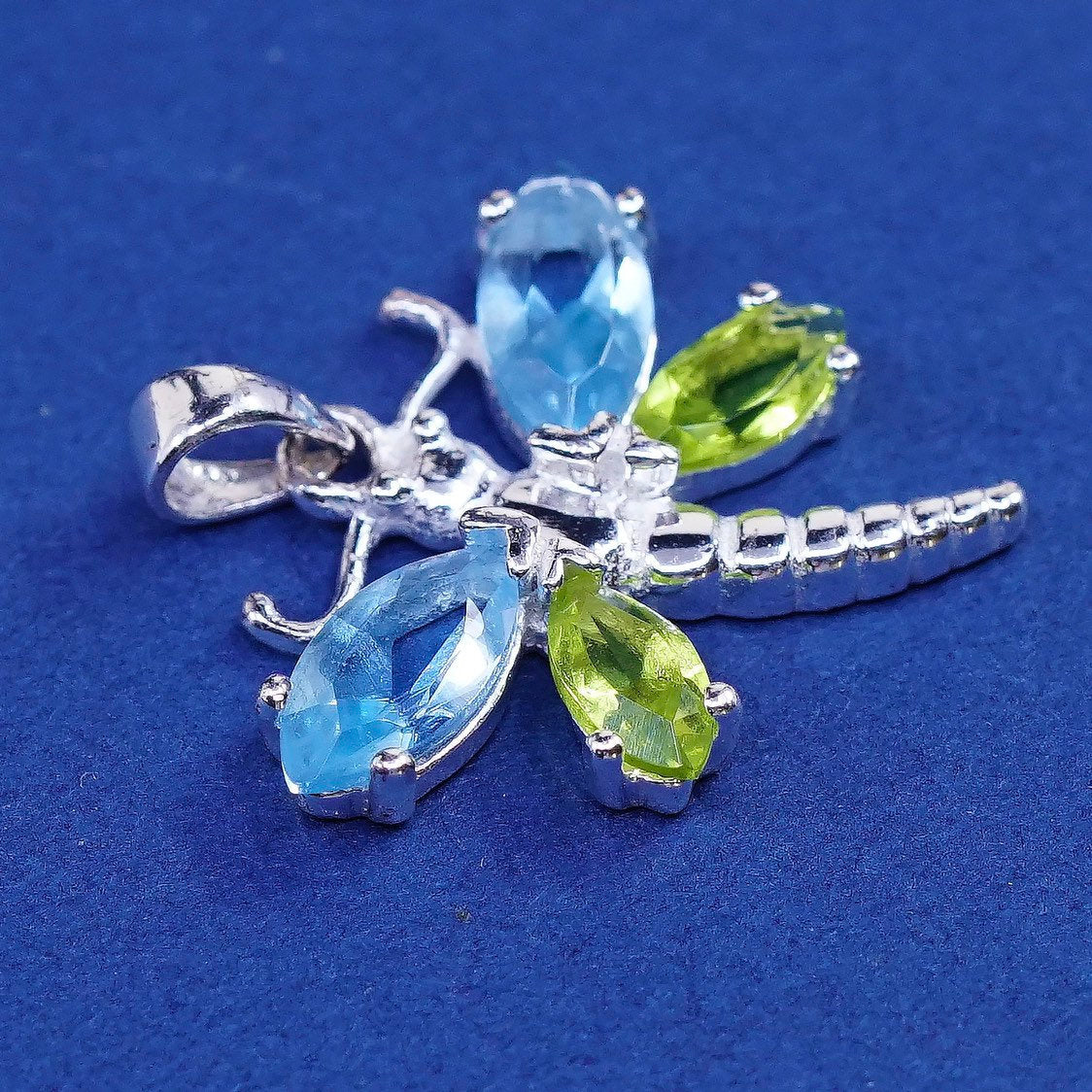 vtg Sterling silver handmade butterfly pendant, 925 w/ blue N green cz