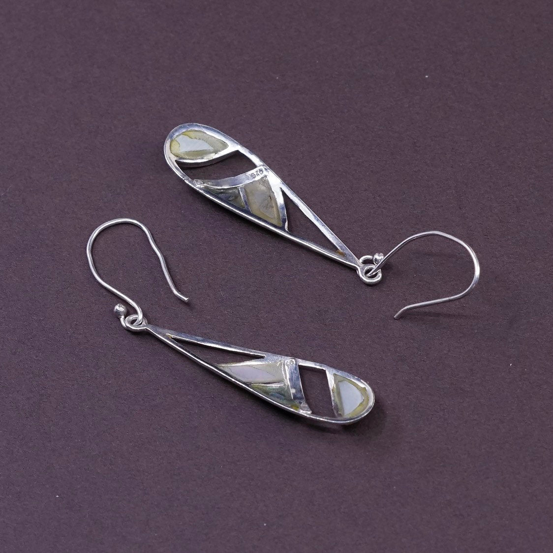 vtg Sterling silver handmade earrings, 925 teardrop dangle w/ abalone N MOP