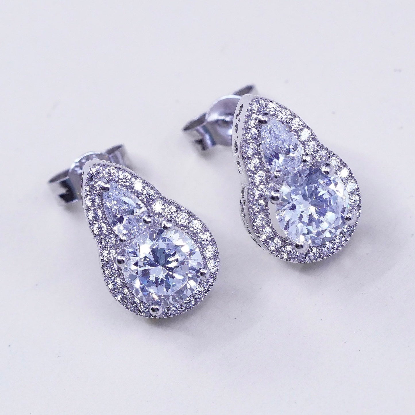 Vintage sterling silver genuine cz teardrop studs, fashion minimalist earrings
