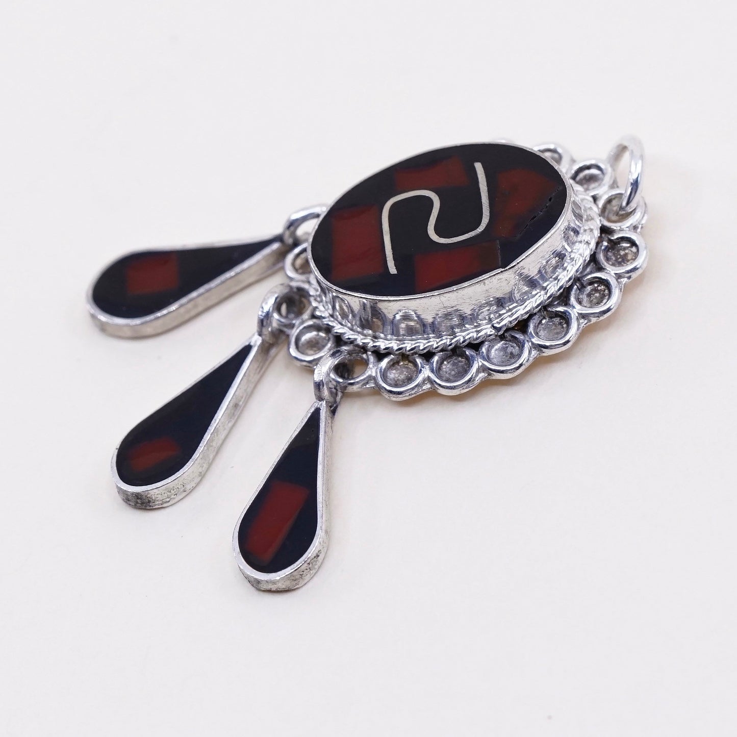 vtg sterling 925 silver handmade pendant w/ black N red resin teardrop dangles