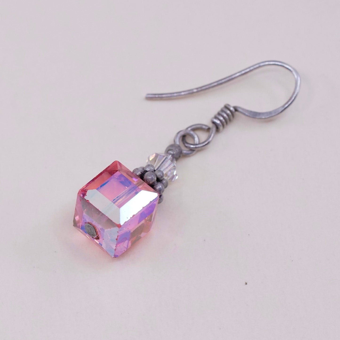 Vintage Sterling 925 silver handmade earrings, with pink crystal cube