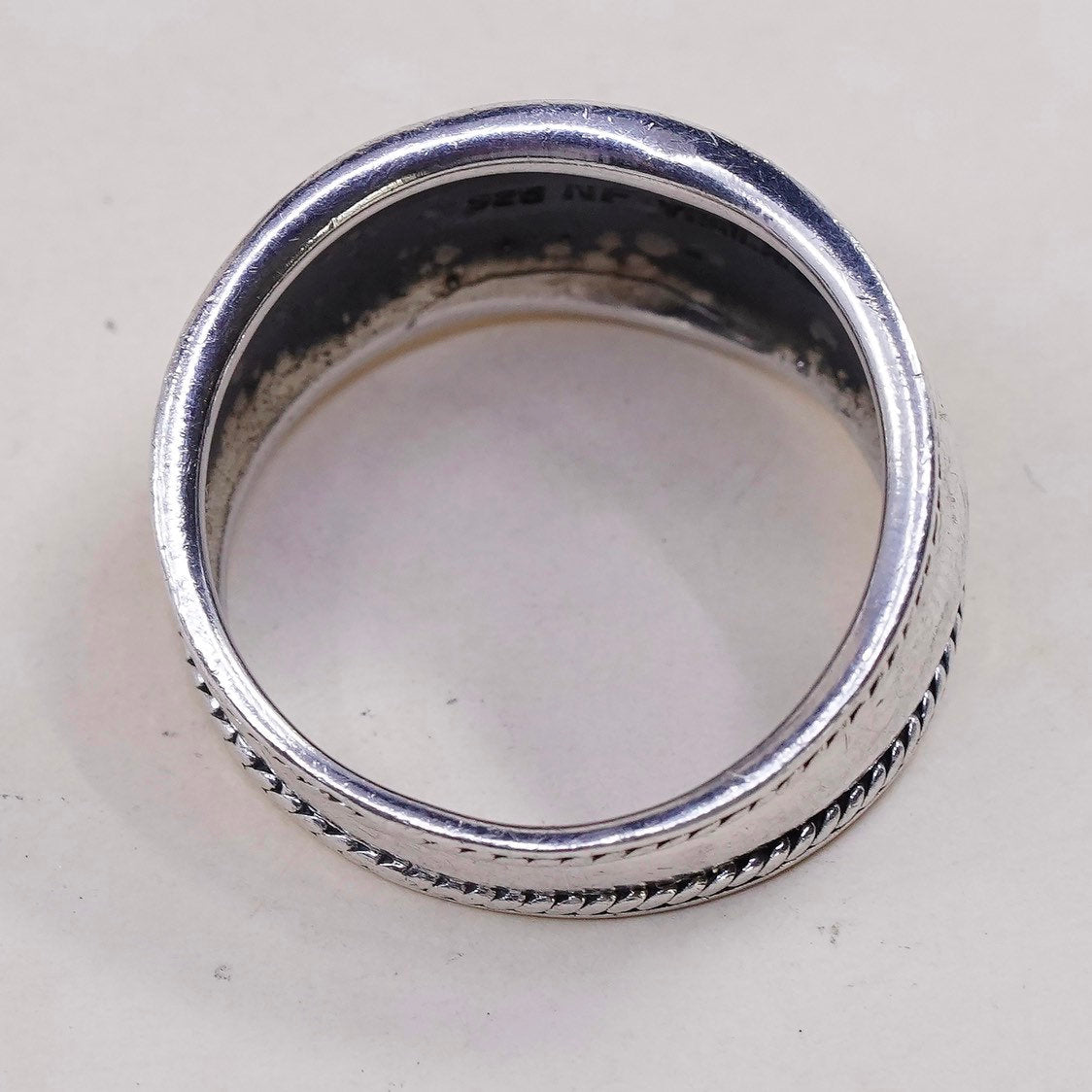 sz 10, vtg sterling silver handmade ring, 925 band w/ rope details,
