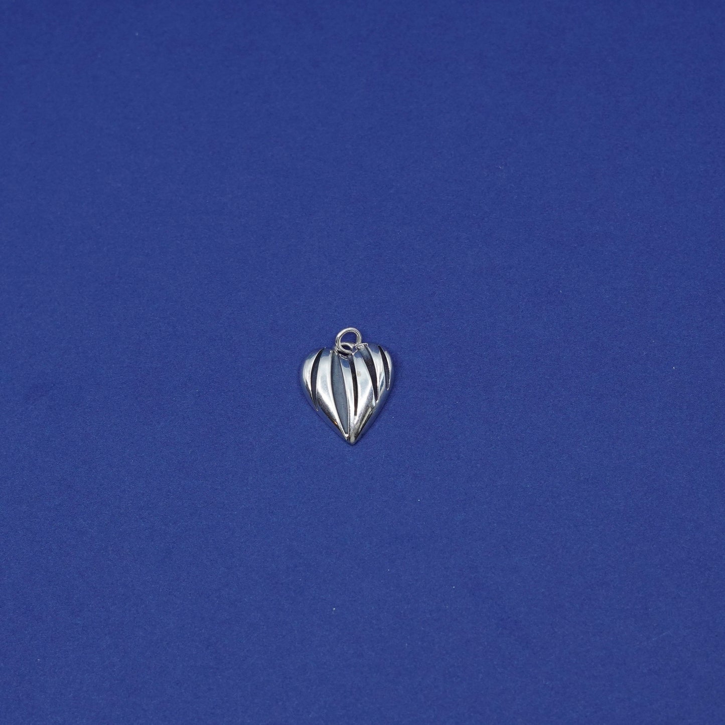 Vintage sterling silver handmade pendant, solid ribbed 925 heart charm