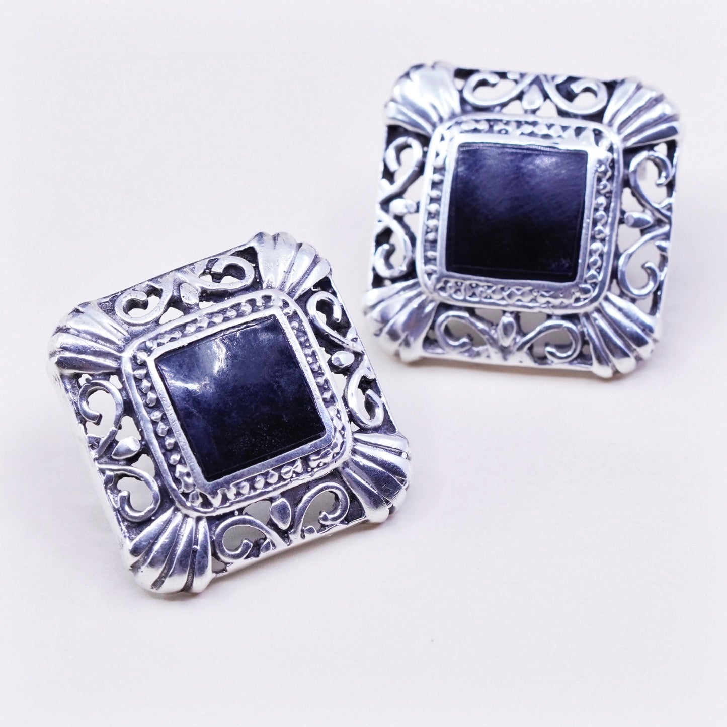 Vintage Sterling silver handmade earrings, filigree 925 studs with square onyx